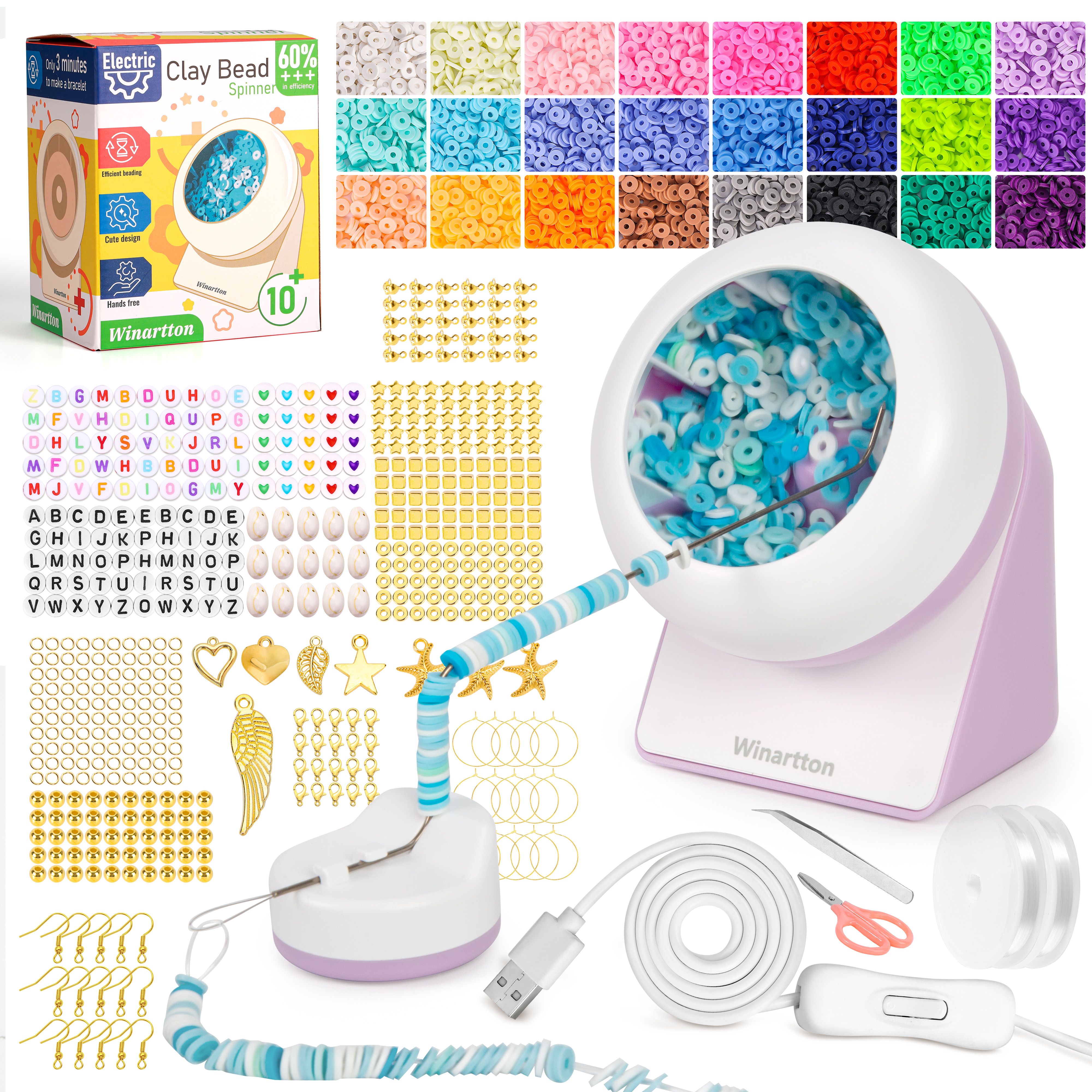 Winartton Clay Bead Spinner Kit with 4800 PCS Clay Beads, Electric  Automatic Bead Spinner with 24 Color Beads and 578 PCS Pendants for Jewelry  Making